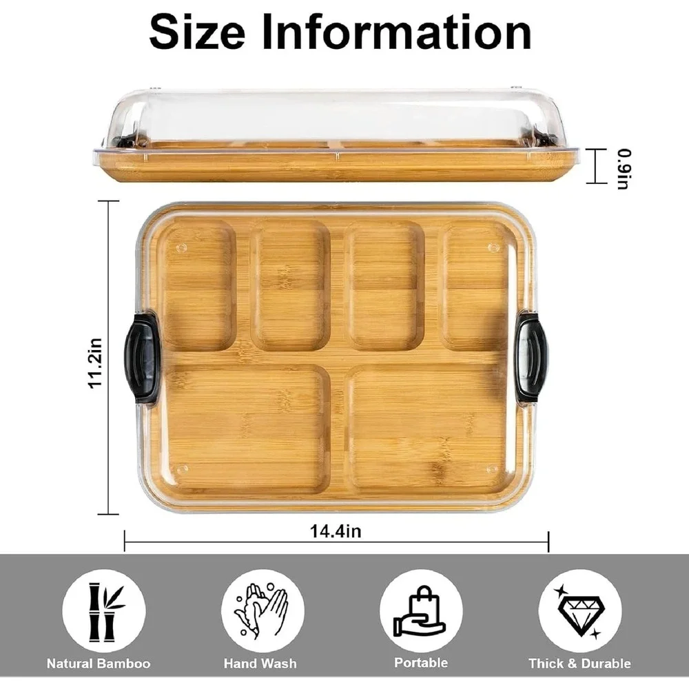 Bamboo Charcuterie Board with Locking Lid 6 Compartment Portable Snack Tray